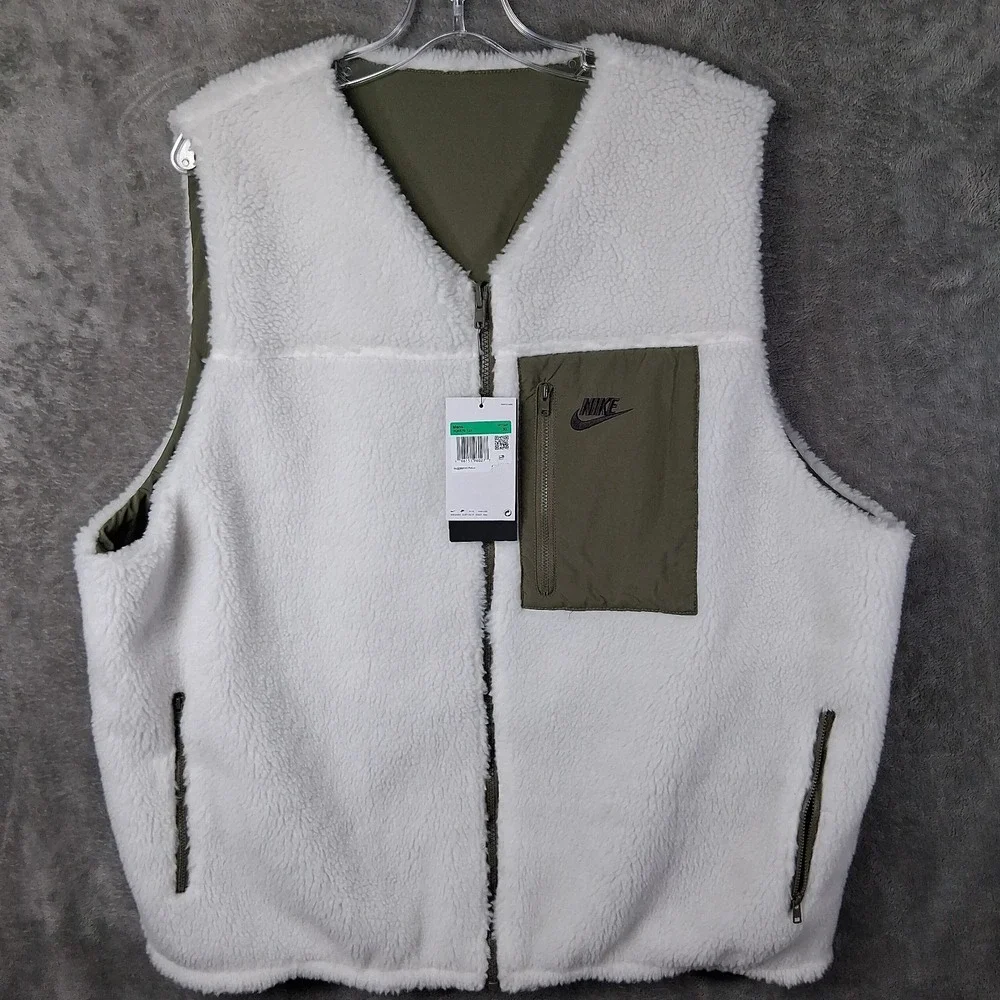 New Nike Club Reversible Winterized Vest Men XL Olive Green White Sherpa
